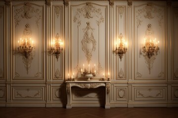 Traditional Formal Interior Wall Paneling with Decorative Wallpaper, Sconces and Candles in Classic Fancy Design as Background