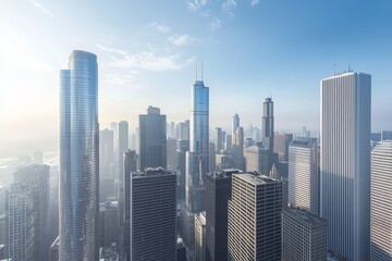 Obraz premium A modern metropolis with sleek skyscrapers seen in slight perspective, it is 1 PM afternoon, we can't see the sun, there is no clound in an ultra realistic version in 4k 