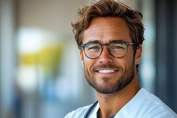 Obraz premium A smiling man in glasses and a white coat, suggesting a healthcare professional.