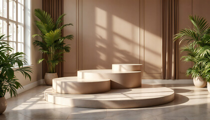 Empty stage with three circular platforms, decorated with potted plants, casting natural light and shadow through the windows, creating a vibrant and elegant atmosphere.