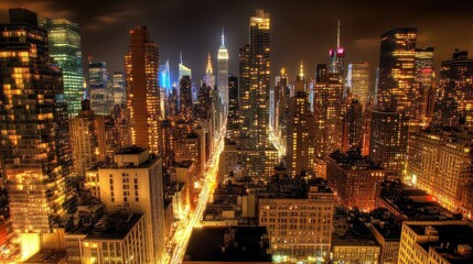 Fototapeta premium Night cityscape, avenue lights, Manhattan skyline, aerial view, urban background