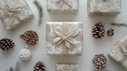 festive flat lay with wrapped gifts and pine cones on white background, high detail, warm and inviting, elegant and festive, holiday atmosphere