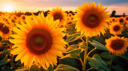 Obraz premium Vibrant Sunflower Field at Sunset with Yellow Flora in Closeup