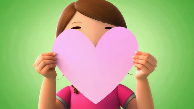 A smiling cartoon Girl holding paper heart model isolated on green screen. Cute happy Child holds a pink heart shape in front of a green background. School Kid looking at camera on chroma key backdrop - Powered by Adobe