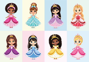 Set of cute different nationalities little princess with beautiful eyes and golden crown. Poster, Banner, Flyer, Greeting Card. Vector illustration in flat drawn cartoon style