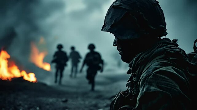Soldiers in Battle with Fire and Smoke  