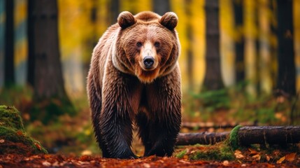 Fototapeta premium Wild Brown Bear in the Forest: Stunning Carpathian Mammal Portrait Captured in Romania's Untamed Nature