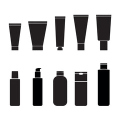 Collection of silhouettes of various cosmetic packaging, tubes, bottles with dispensers and caps. Cosmetics, skin care, packaging design, beauty salon, product advertising