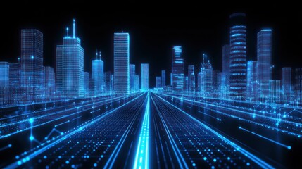 Futuristic city highway, digital lines, nighttime, data flow, tech concept