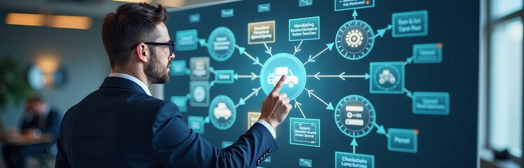 A Businessman Interacts With A Virtual Flowchart To Understand And Manage Business Processes And Workflows More Efficiently. 00001