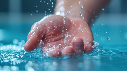 Fototapeta premium Close-Up of Hand Catching Water Drops in Clear Blue Pool