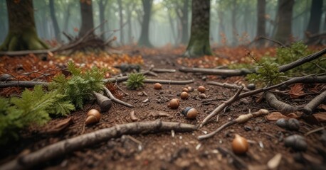 Acorns and sticks on forest ground amidst fallen branches, woodlands, acorns, forest ground