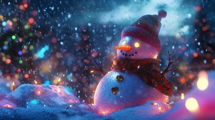 Festive snowman surrounded by glowing holiday lights and snowflakes