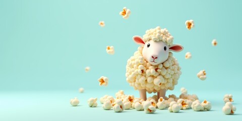 A whimsical sheep covered in popcorn, set against a vibrant teal background. Perfect for creative projects, advertising, or food-related content.