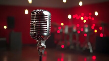 Vintage microphone on stage, red lights, music