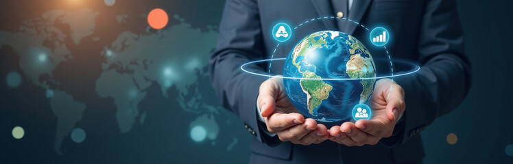 A Businessman Holds A Globe Displaying Affiliate Marketing Icons On A Virtual Screen Promoting Diverse Advertising Strategies. 00002