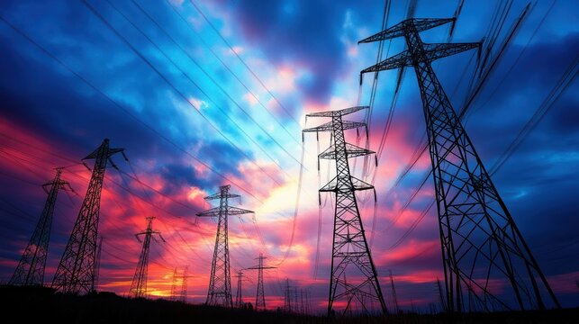 Electric power pylons silhouetted against a vibrant sunset sky.