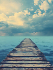 Serene Wooden Pier Extending into Tranquil Ocean Under Dramatic Cloudy Sky Backdrop : Generative AI