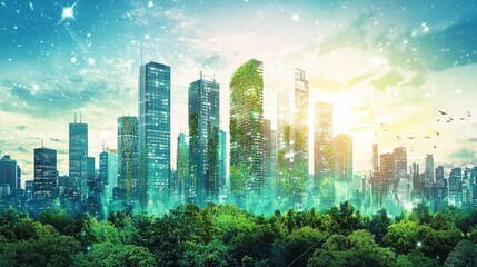 Naklejka premium A futuristic cityscape illuminated by green energy sources and powered by advanced electric technology, set against a light blue and sunny sky