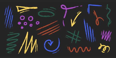 Chalk color hand drawn arrow, marker lines, underlines, crayon brush scribbles, grunge texture, zig zag doodle vector sketch elements.