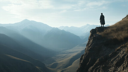 Illustration of a beautiful view of the Caucasus Mountains during Georgia Day, with a lone hiker in traditional Georgian attire standing on a cliff overlooking a vast valley below