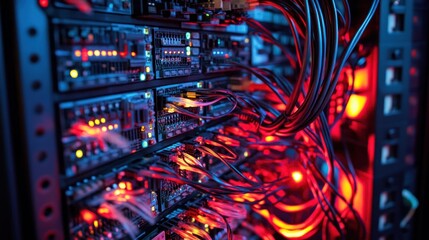 Close-up of complex server rack with numerous cables and lights.
