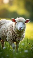 Fototapeta premium A cute lamb in a green meadow, capturing the essence of pastoral beauty and tranquility. Perfect for nature, agriculture, or animal-themed projects.