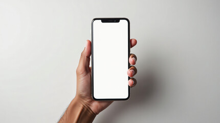 hand holding smartphone, white screen, mockup