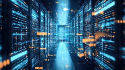Futuristic server room with glowing data streams.
