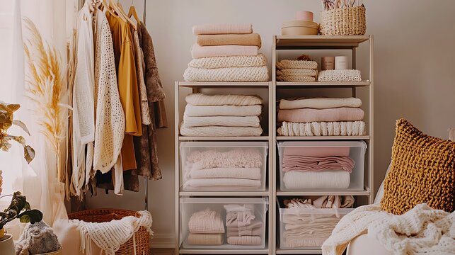 Organized bedroom closet with folded clothes, blankets and textiles