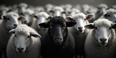 Obraz premium A striking image of a black sheep standing out amidst a flock of white sheep, symbolizing uniqueness and individuality in a crowd.