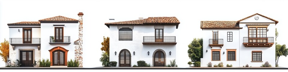 A collection of four distinct architectural Spanish Colonial house style designs, showcasing a variety of styles. Each house features unique elements such as balconies, chimneys.