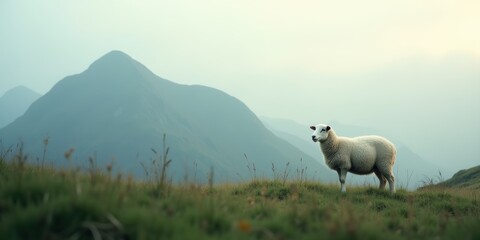 A serene landscape featuring a sheep on a grassy hillside with misty mountains in the background, ideal for nature, agriculture, or rural themes.