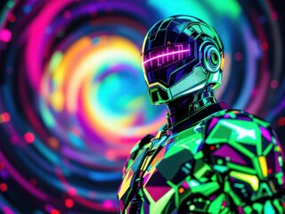 Futuristic neon cyber soldier in vibrant digital spiral background