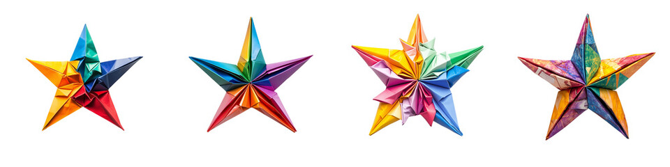 Set of a star made from vibrant paper origami isolated on transparent background