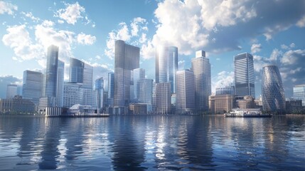 Fototapeta premium photorealistic, canary wharf, skyscrapers financial district, sunny and bright 