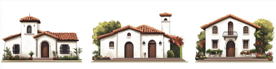 A collection of three distinct architectural designs of Spanish Colonial houses style featuring white stucco exteriors, terracotta roofs, and lush greenery. 