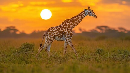 Obraz premium Giraffe walking sunset savanna Africa wildlife.