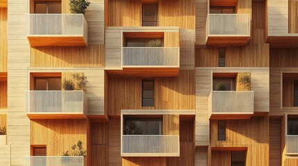 Modern wood apartment building facade, sunset