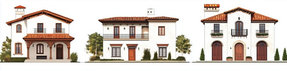Three distinct architectural designs of Mediterranean-style Spanish Colonial houses style featuring terracotta roofs, white stucco walls, and decorative balconies. 