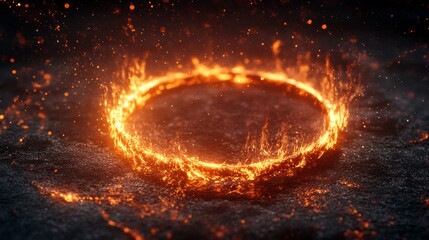 Fiery glowing ring floating in darkness, intense and powerful, sparks flying, magical energy, highly detailed