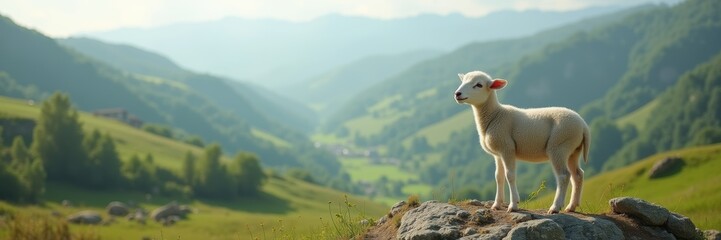 Fototapeta premium A serene landscape featuring a sheep standing on a rock, surrounded by lush green hills and mountains. Ideal for agriculture, nature, or rural lifestyle themes.