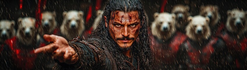  "Cinematic Confrontation: Elderly Man in Fur Coat Faces Polar Bears in Sci-Fi Winter Battle"