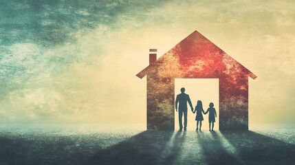 Family Silhouette Leaving a Grungy House