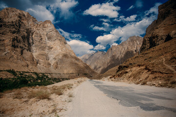 A road in the desert with mountains in the background