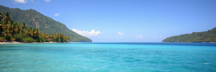 Fototapeta premium A tranquil tropical sea landscape with turquoise waters and lush green hills is dotted with exotic palm trees, serene atmosphere, island scene