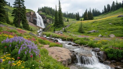 Obraz premium A tranquil waterfall cascades down a rocky slope amidst a lush floral valley filled with vibrant wildflowers and towering trees, cascade, greenery, rock, calm, landscape