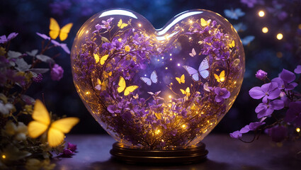 A heart-shaped glass globe containing butterflies and purple flowers glows warmly, surrounded by more flowers and bokeh. It is part of an image selection for Adobe Stock.