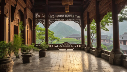 A well-lit, indoor photo shows a large balcony with detailed, traditional wooden railings. The image is one of many submitted to Adobe Stock.