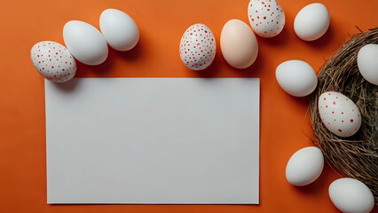 Easter banner with a blank sheet of paper and Easter red and white eggs on a bright orange background.